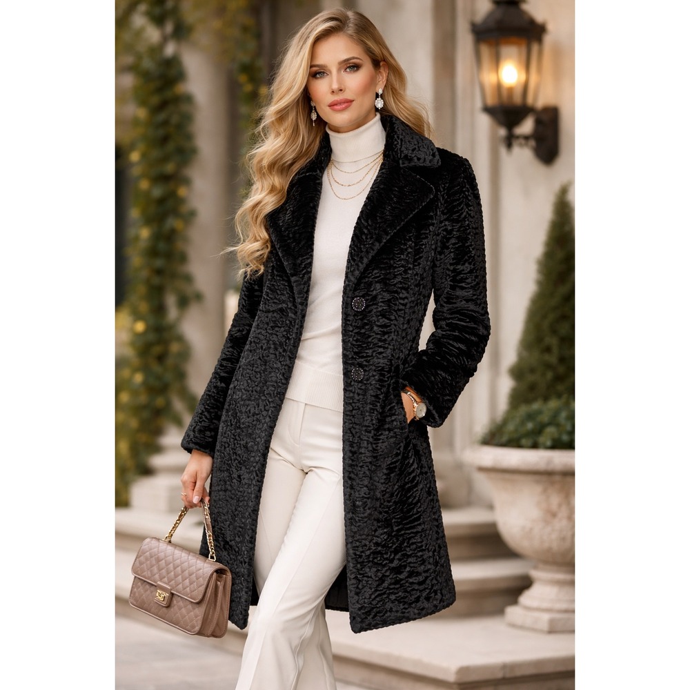 Donna Salyers Fabulous Furs Black Faux Persian Timeless Coat Mid-Length Small